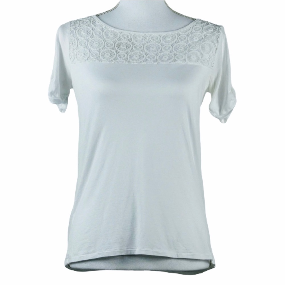 Hi-Line White T-shirt with Lace Neckline D…